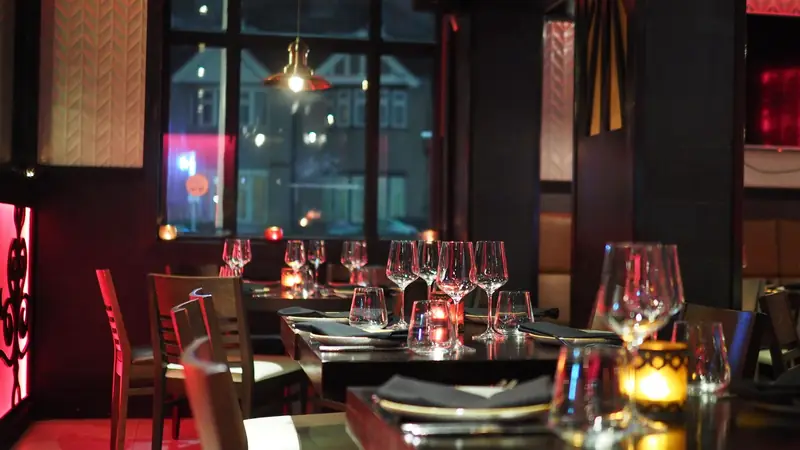 Dimly lit fine-dining restaurant interior
